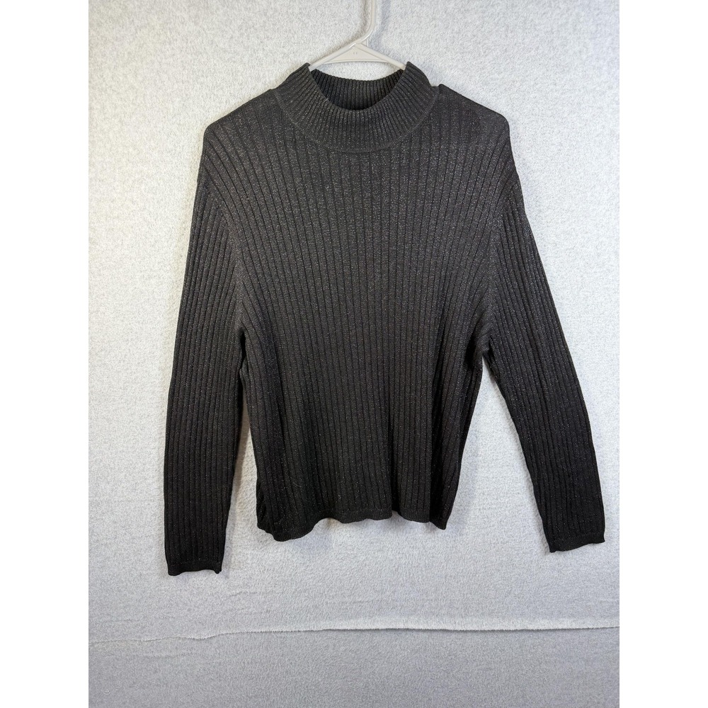 Studio Works Sweater Womens Large Black Mock Neck Metallic Ribbed Pullover Knit